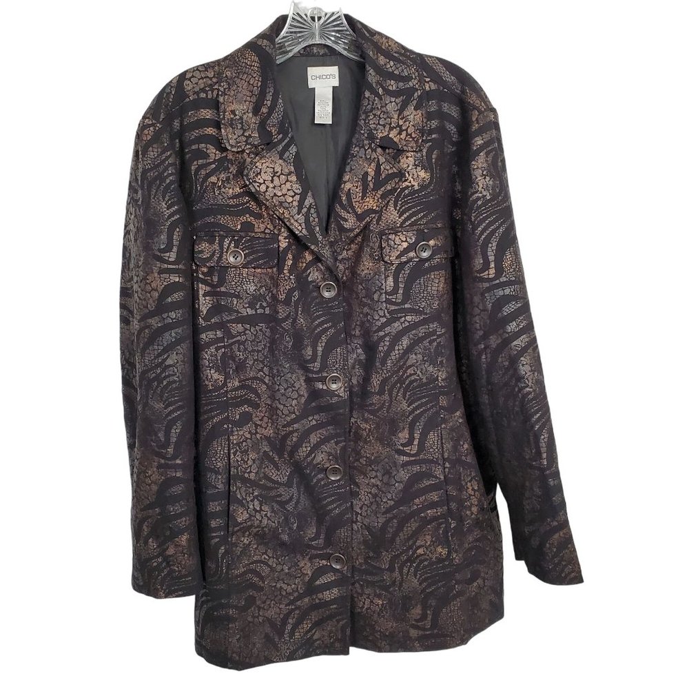 Chico's XL Size 3 Jacket Blazer Linen Blend Safari Exotic Animal Print Pockets - Picture 2 of 10